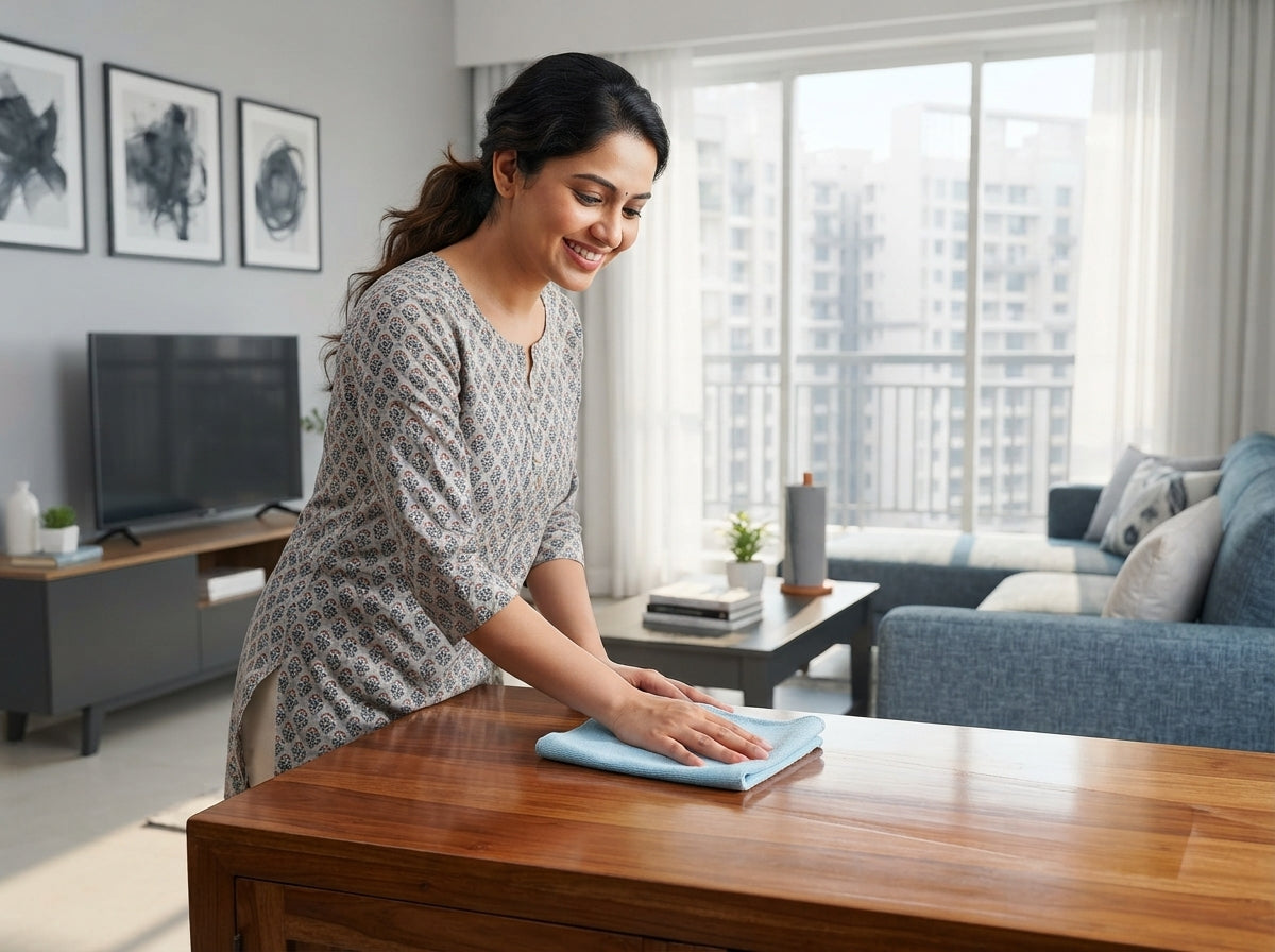 An Indian woman cleaning a wooden surface with a microfiber cloth in a modern, sunlit living room.
