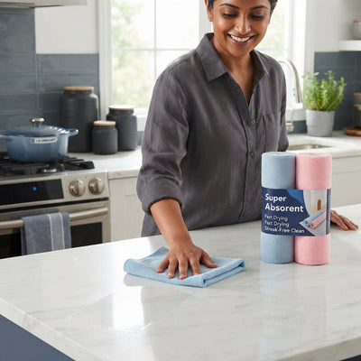 South Asian woman cleaning a modern kitchen counter with a microfiber cloth in a bright, organized, slate blue and white home