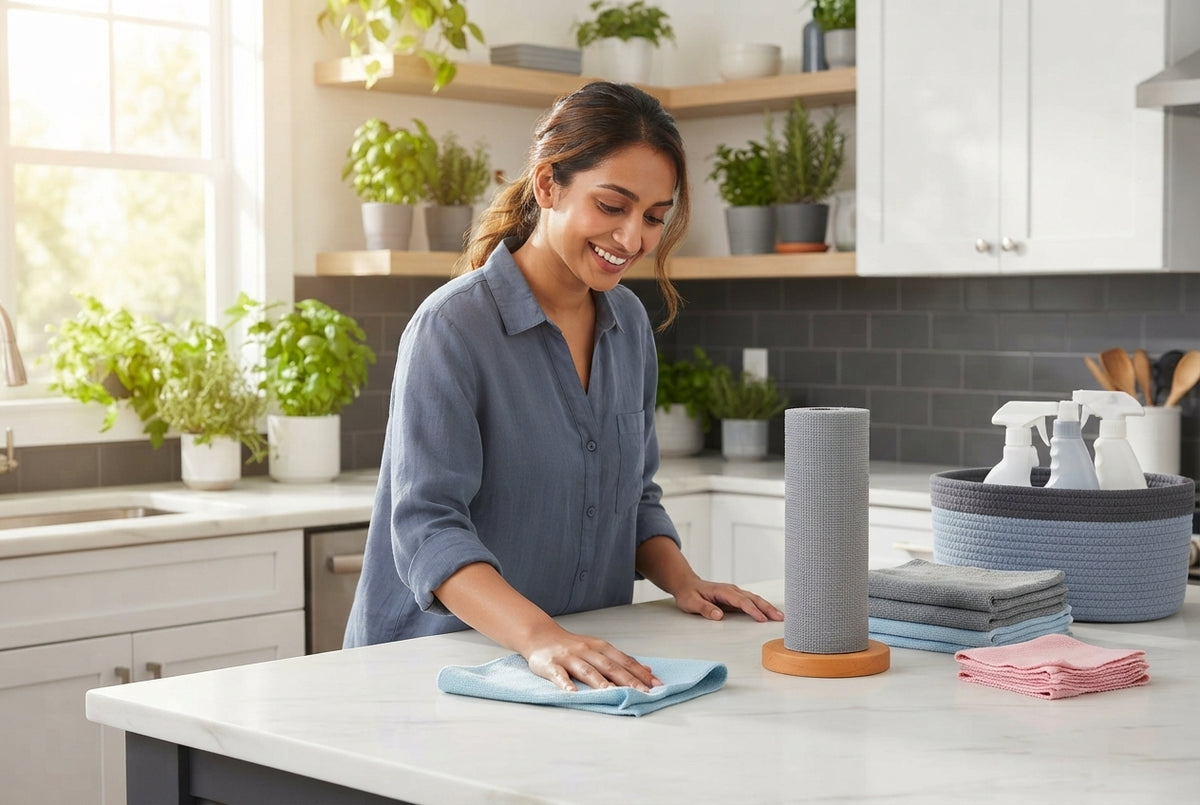 A South Asian woman cleaning a modern kitchen counter with a microfiber cloth in a bright, organized home setting.