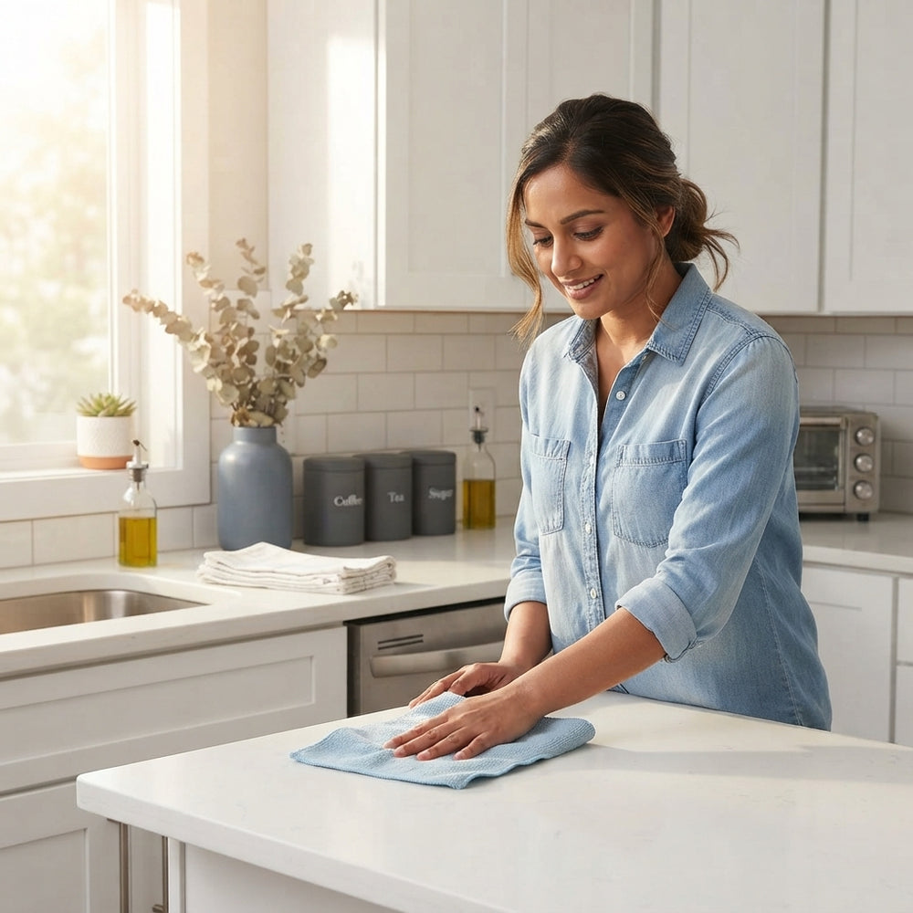 South Asian person cleaning a kitchen countertop with a microfiber cloth in a bright, modern kitchen.