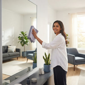 A South Asian woman cleaning a mirror with a microfiber cloth in a modern, brightly lit home.