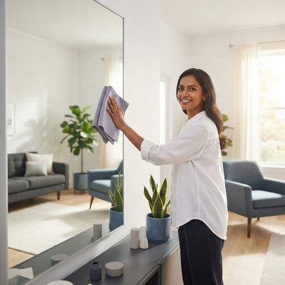 A South Asian woman cleaning a mirror with a microfiber cloth in a modern, brightly lit home.